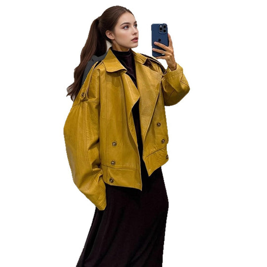 Damen Oversized Kunstlederjacke mit doppelter Knopfleiste und modischem Schnitt EB