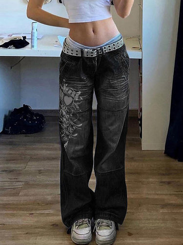 Damen Weit geschnittene Jeans mit einzigartigem Design und prominentem Druck EB