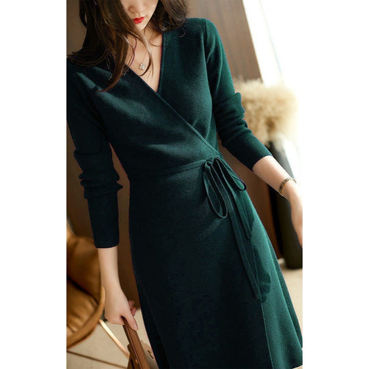 Damen柔晰 Strickkleid im Wickelstil mit taillierbarem Gürtel EB