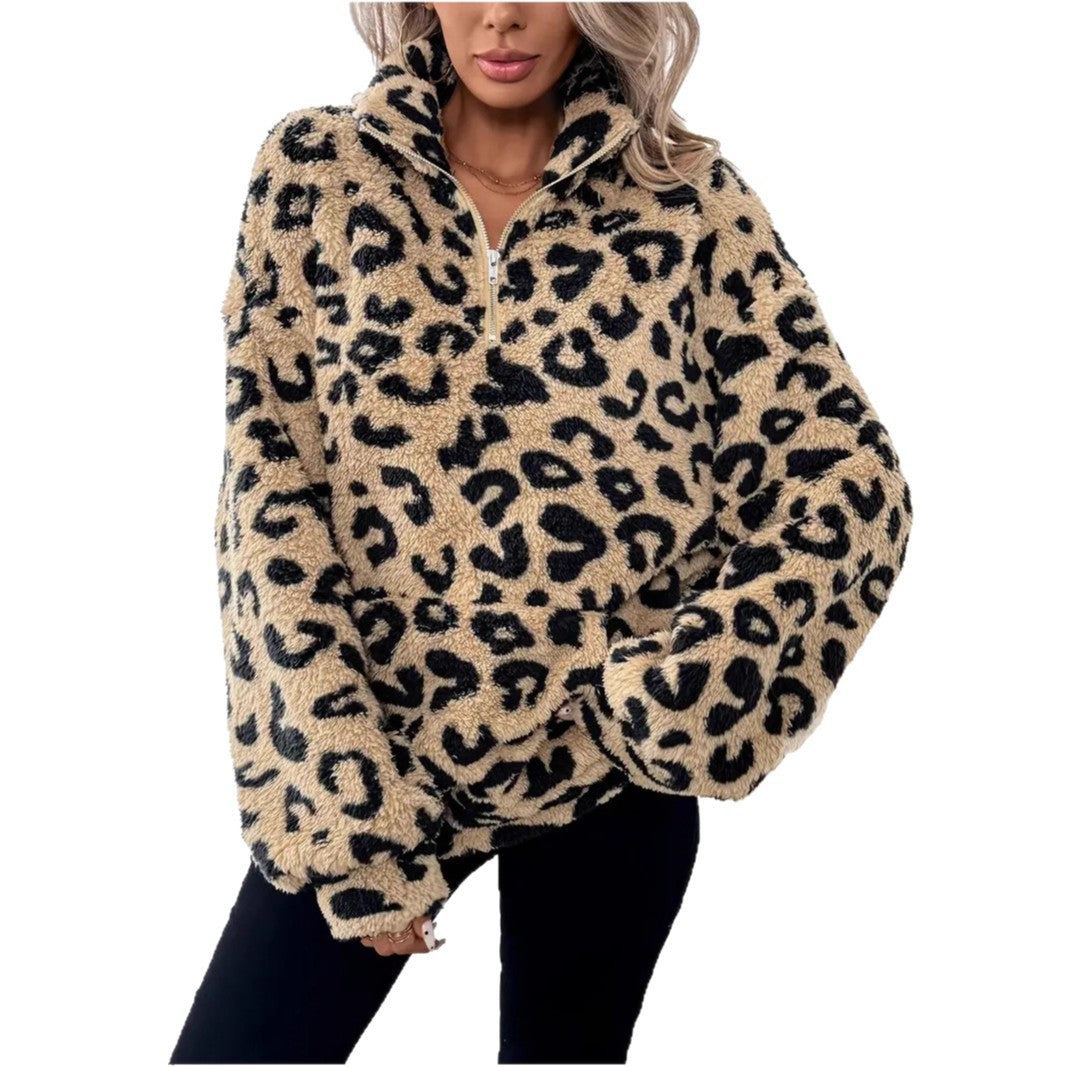 Damen Fleece-Pullover mit stylischem Leopardenmuster EB