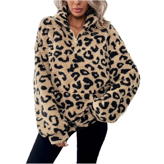 Damen Fleece-Pullover mit stylischem Leopardenmuster EB