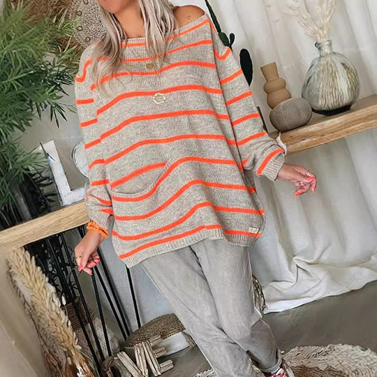 Damen lässiger Strickpullover mit elegantem Streifenmuster und praktischer Brusttasche EB