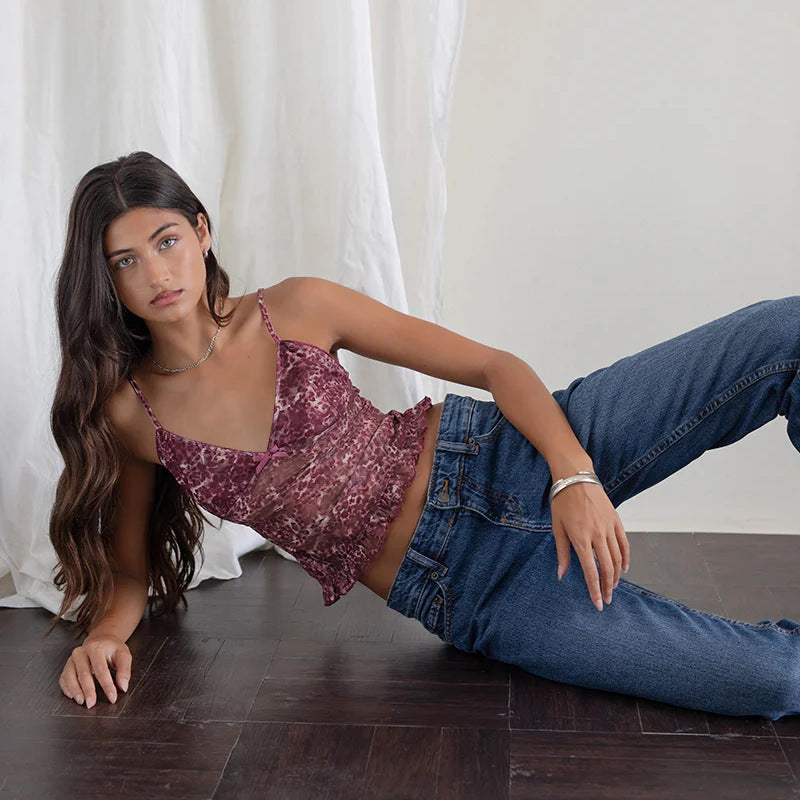 Damen Spaghetti-Träger-Top mit transparentem Obermaterial und Rüschendetail EB