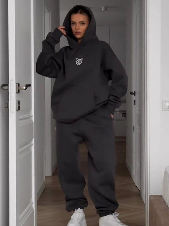Damen Cropped Kapuzenpullover und weite High-Waist Jogginghose Set EB