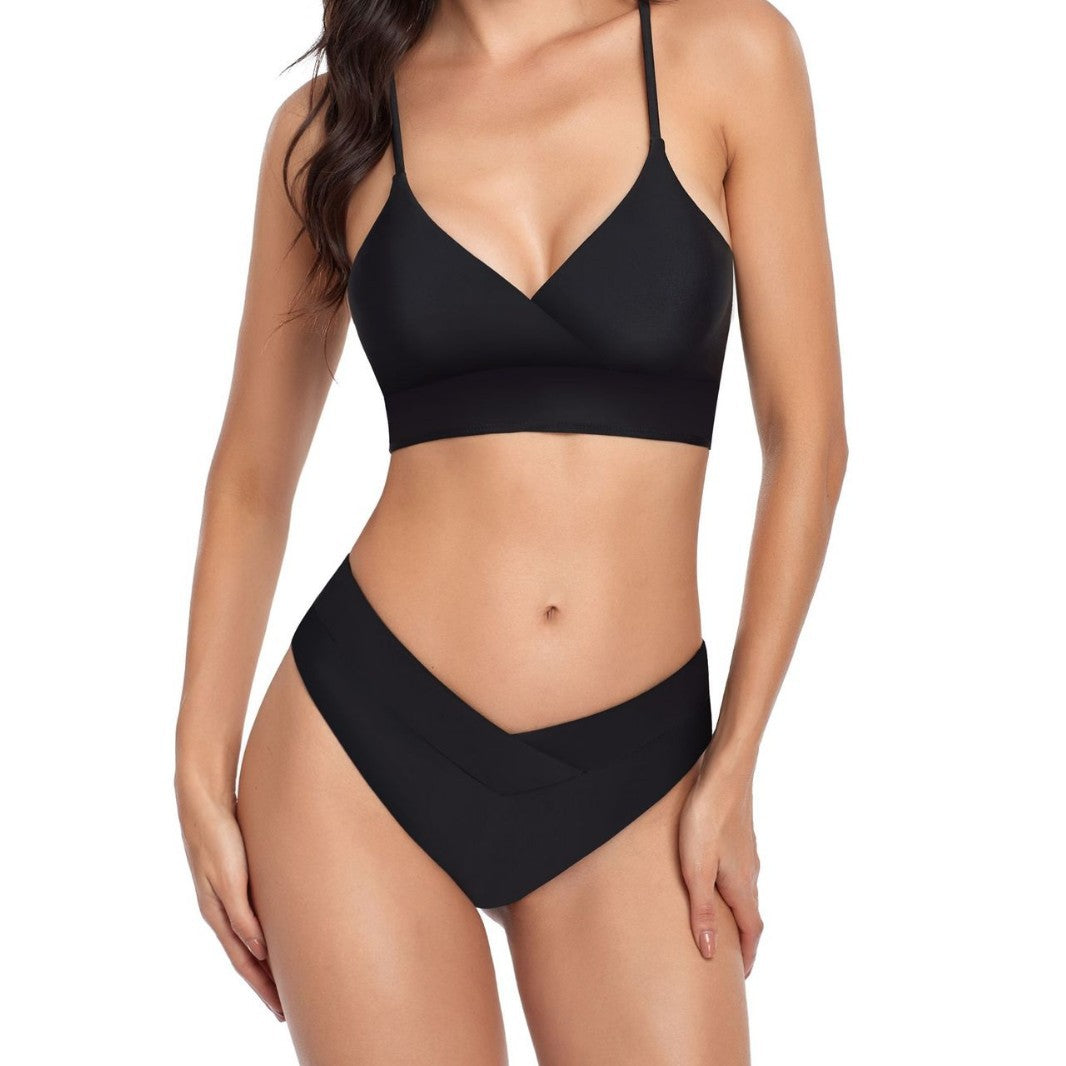 Damen Bikini-Set mit stilvollem Wickeloberteil und hoch geschnittenem Unterteil EB