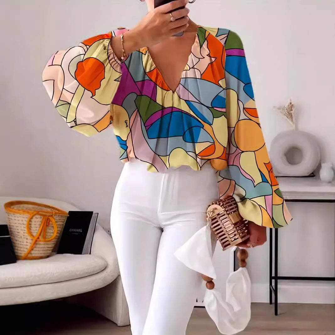 Damen Bluse mit V-Ausschnitt und modischem Grafikdesign EB