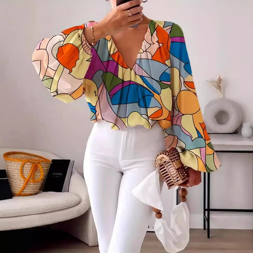 Damen Bluse mit V-Ausschnitt und modischem Grafikdesign EB