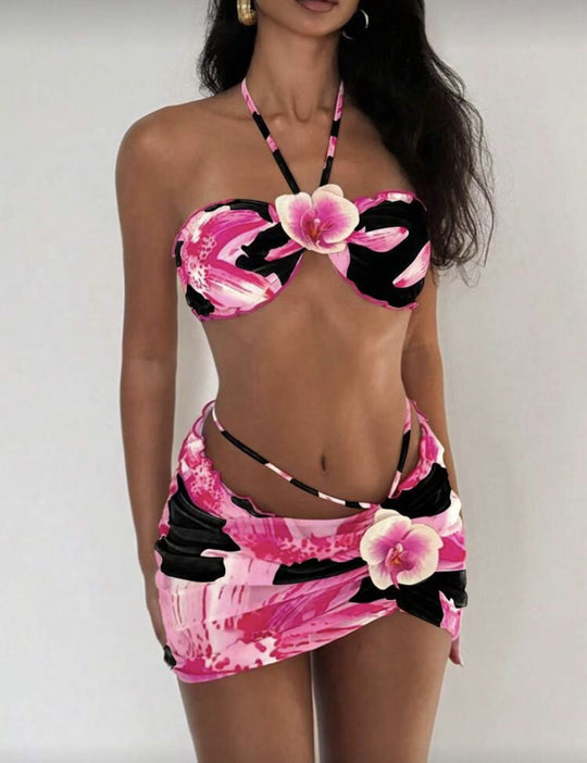Damen Bikini-Set mit floralem Design und verspieltem Wickelrock EB