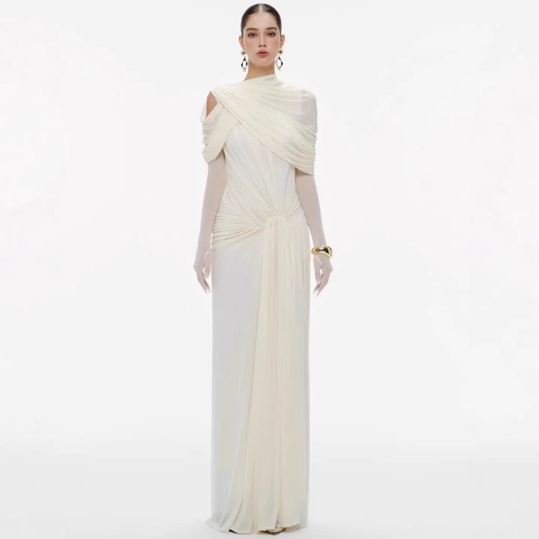 Damen elegantes Maxikleid mit innovativen Drapierungsdetails und asymmetrischem Oberteil EB