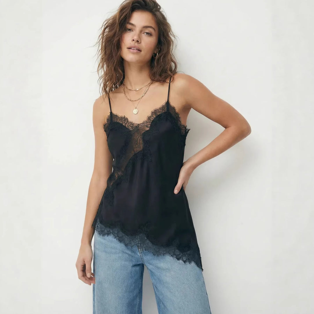 Damen Satin Top mit eleganter Spitze und Spaghettiträger EB