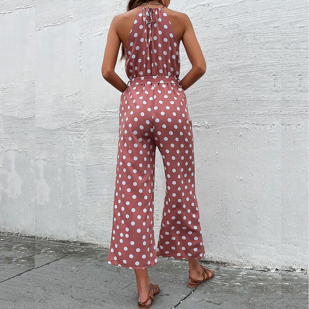 Damen eleganter Jumpsuit mit verstellbarem Bindegürtel und modischem Punkte-Design EB