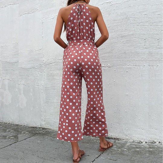 Damen eleganter Jumpsuit mit verstellbarem Bindegürtel und modischem Punkte-Design EB