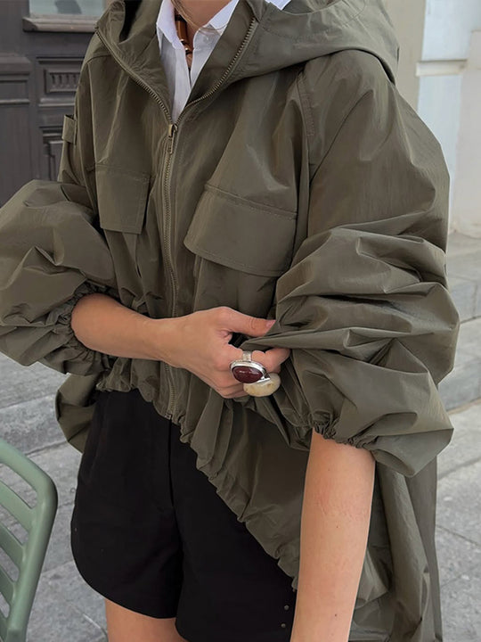 Damen Übergangsjacke mit Kapuze und voluminösen Ärmeln EB