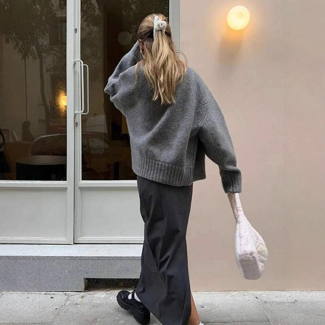 Damen Oversize gerippter Kurzpullover mit Halbzip und überschnittener Schulter EB