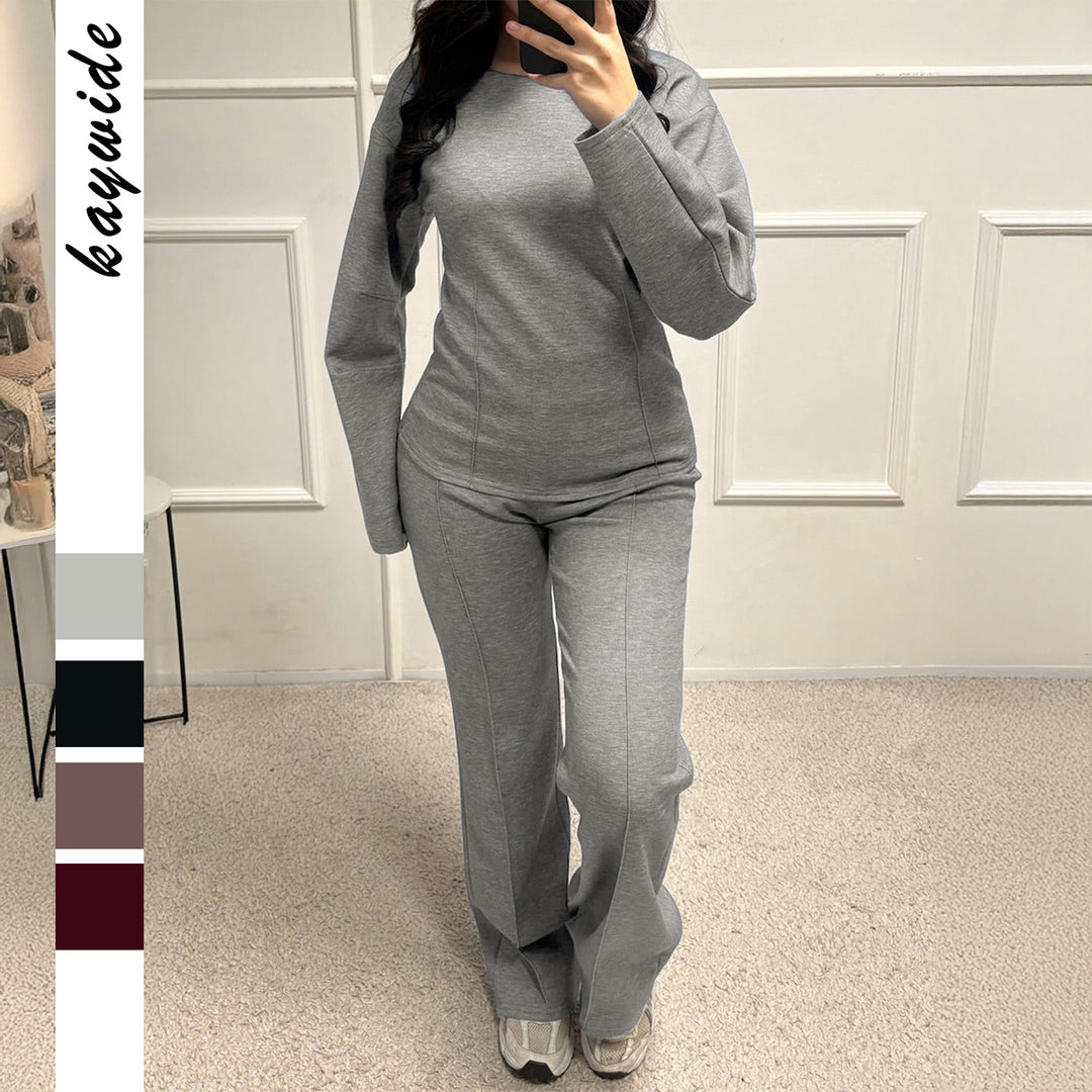 Damen nan weiches Lounge-Set mit tailliertem Sweatshirt, formgebenden Nahtdetails und weitem Palazzohosen-Bein EB