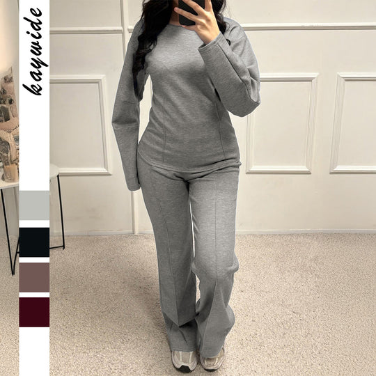 Damen nan weiches Lounge-Set mit tailliertem Sweatshirt, formgebenden Nahtdetails und weitem Palazzohosen-Bein EB