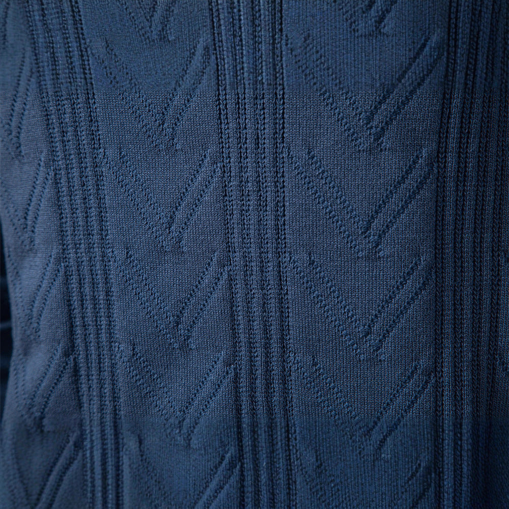 Herren nan feiner Strick-Polopullover mit V-Ausschnitt, Zickzackstruktur und Kentkragen EB