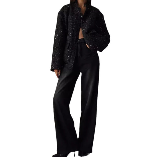 Damen Glamouröse Glitzerjacke mit oversized Schnitt und modischen Taschen EB