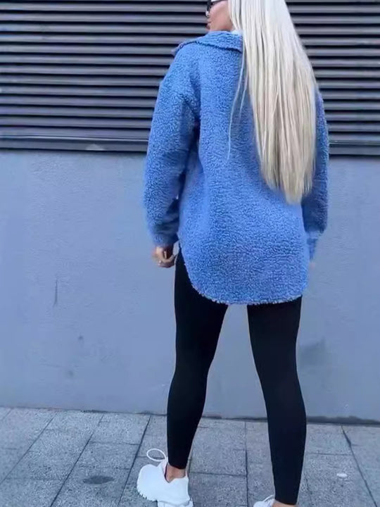 Damen Teddyjacke mit modischen Taschen und Knopfverschluss EB