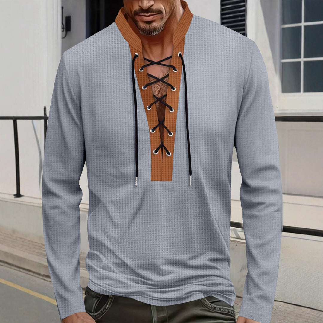 Herren modisches Langarmshirt mit einzigartigem Schnürdesign und ansprechendem Kragen EB