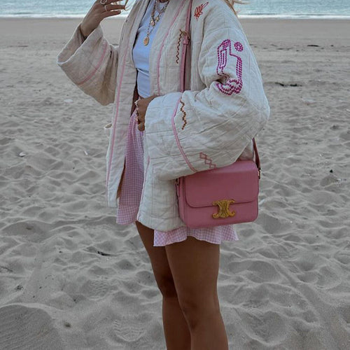 Damen Modische Kimono-Jacke mit bunten Stickdetails und Taschen EB