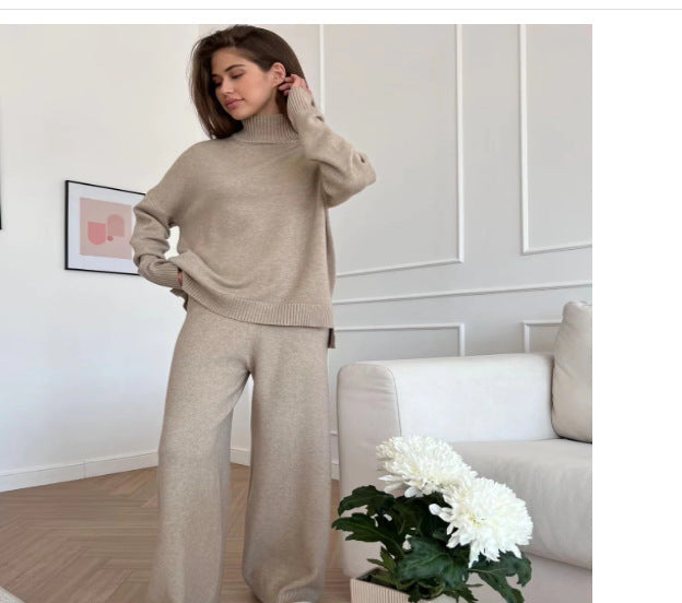 Damen Lässiges Strickset mit hohem Kragen und weitem Bein EB