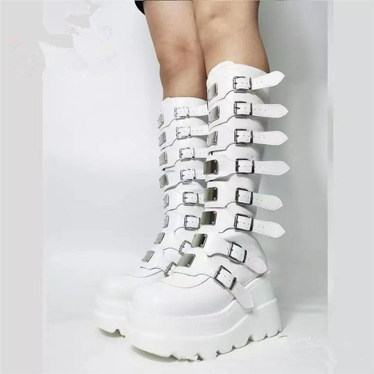 Damen Plattform Stiefel mit modischem Schnallen-Design und stabiler Sohle EB