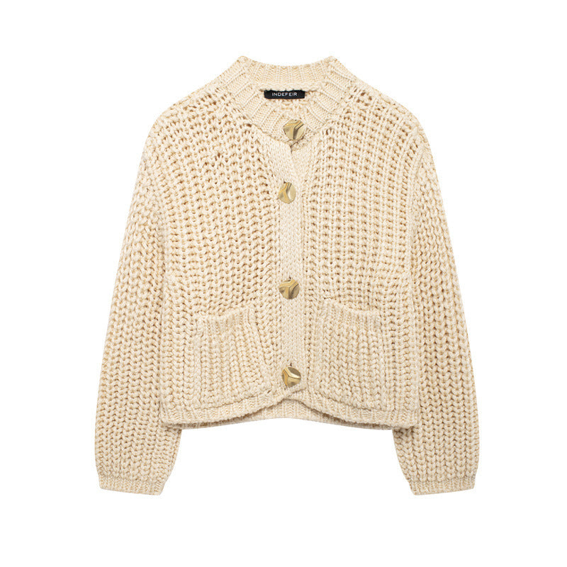 Damen kuschelige Strickjacke mit großen Knöpfen EB