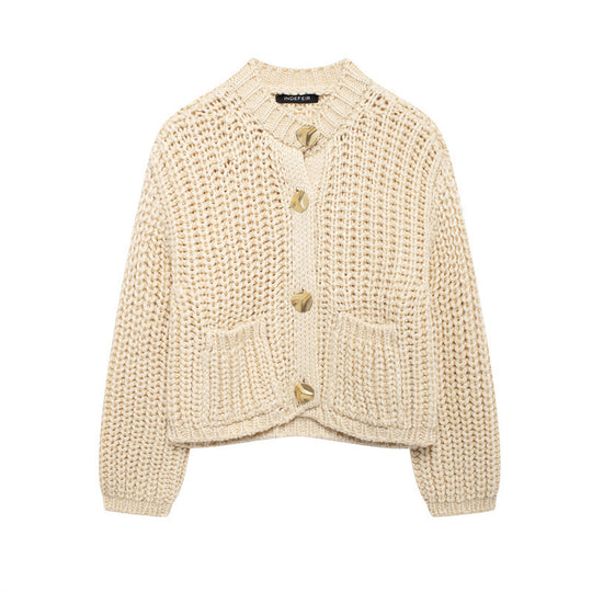 Damen kuschelige Strickjacke mit großen Knöpfen EB