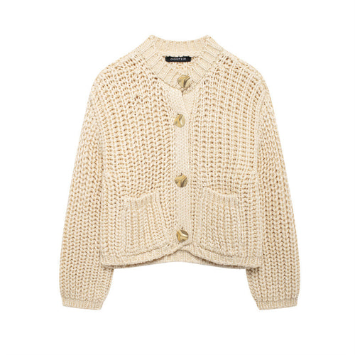 Damen kuschelige Strickjacke mit großen Knöpfen EB