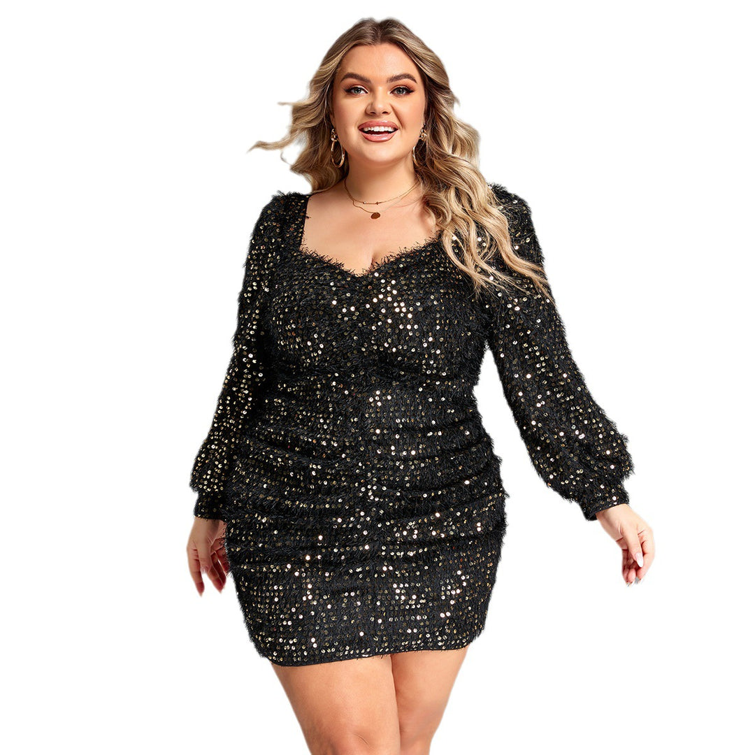 Damen Glitzerndes Mini-Kleid mit Puffärmeln und Raffung EB
