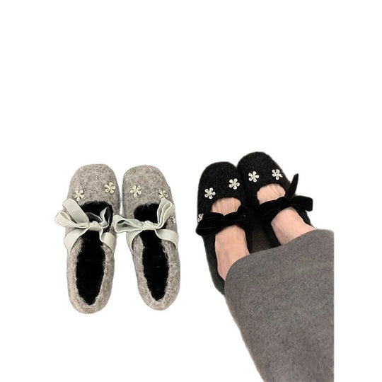 Damen modische Ballerinas mit floralem Dekor und Veloursdetails EB