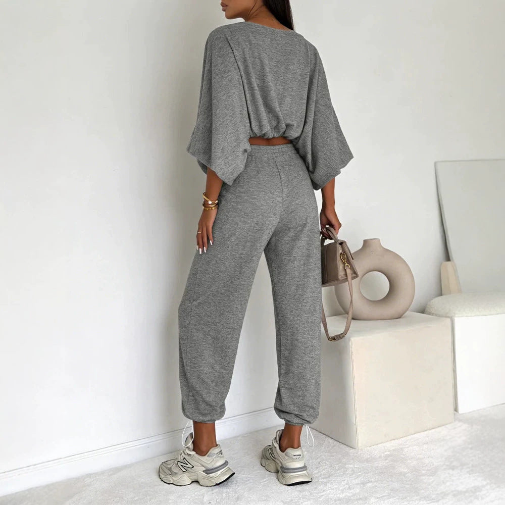 Damen Lässiges Strick-Lounge-Set mit Fledermausärmeln und High-Waist-Joggpants EB