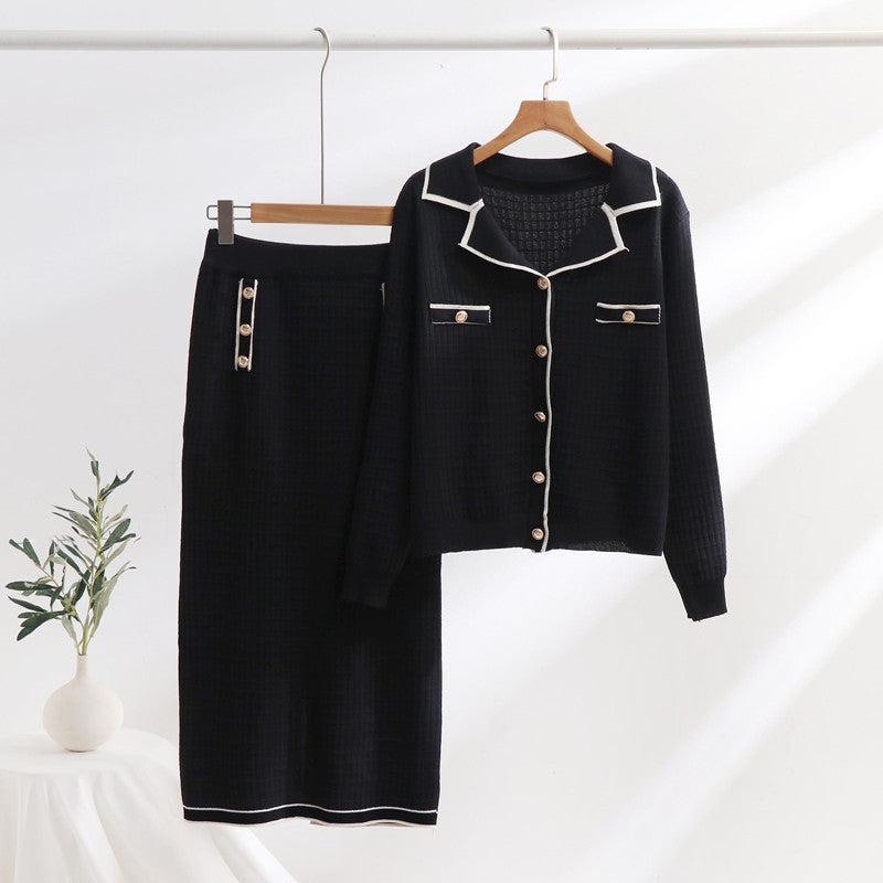 Damen elegantes Strickensemble mit dekorativem Kragen und aufgesetzten Taschen EB
