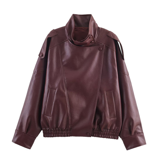 Damen Kunstlederjacke im modernen Design mit hochgeschlossenem Kragen und praktischen Taschen EB