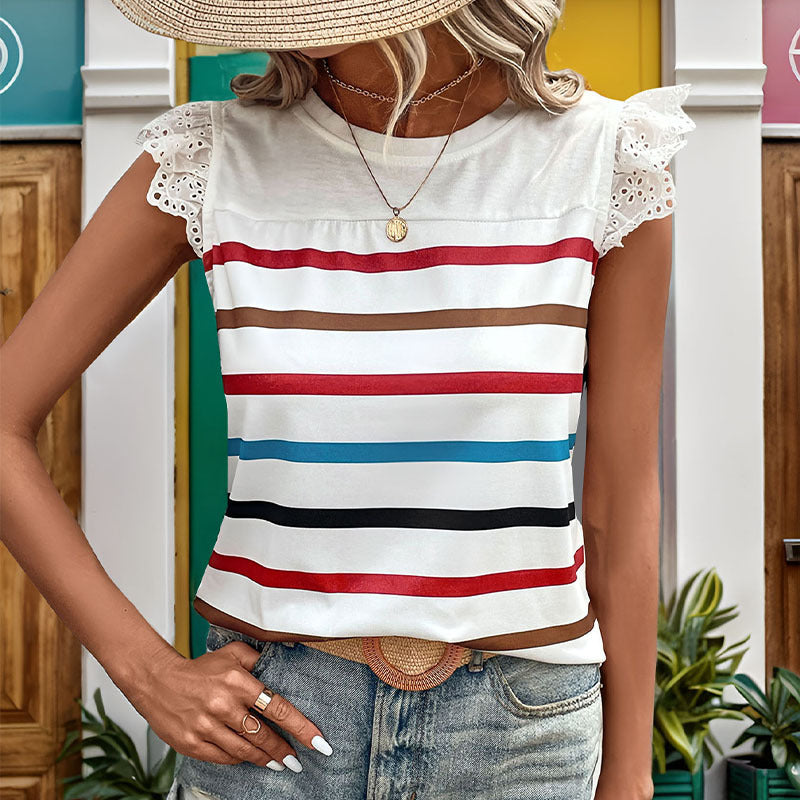Damen T-Shirt mit Spitzenärmeln und gestreiftem Design EB