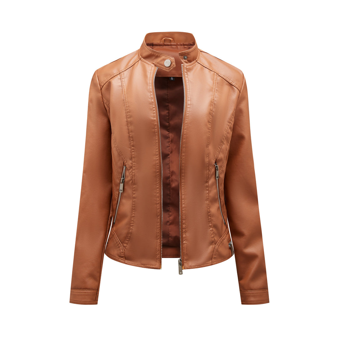 Damen modische Kunstlederjacke mit elegantem Stehkragen und praktischen Reißverschlusstaschen EB