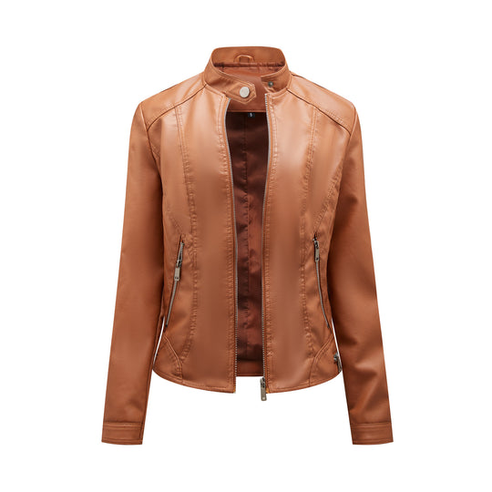 Damen modische Kunstlederjacke mit elegantem Stehkragen und praktischen Reißverschlusstaschen EB