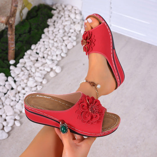 Damen Slip-On Pantoletten mit dekorativer Blütenapplikation EB