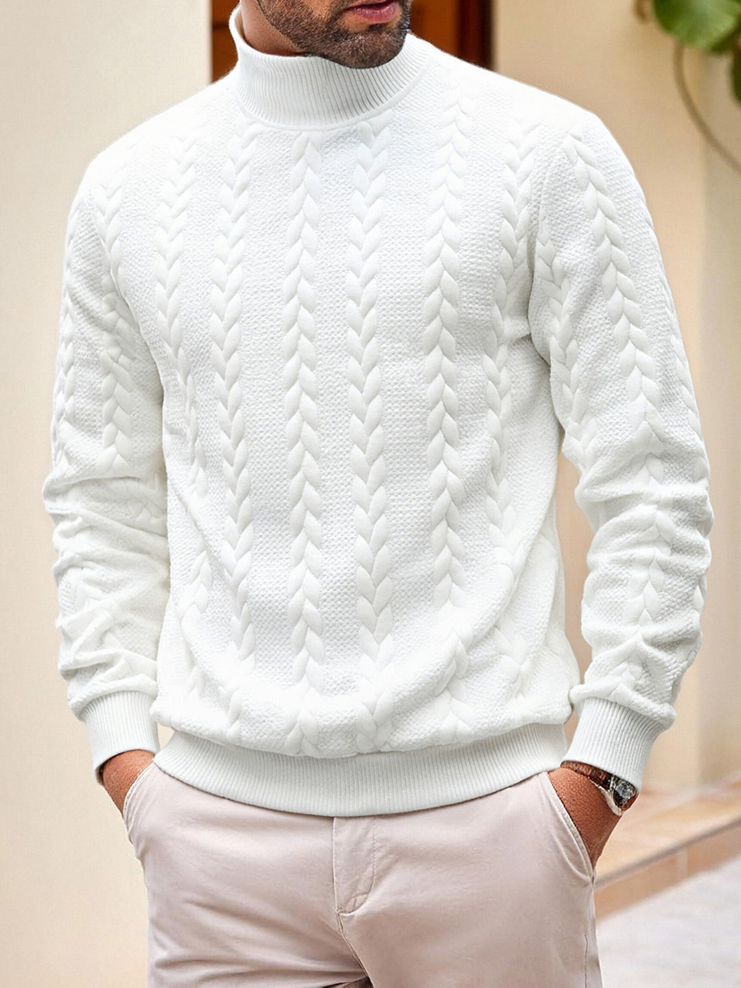 Herren nan grobgestrickter Zopfstrickpullover mit halbem Stehkragen und elastischen Rippbündchen EB