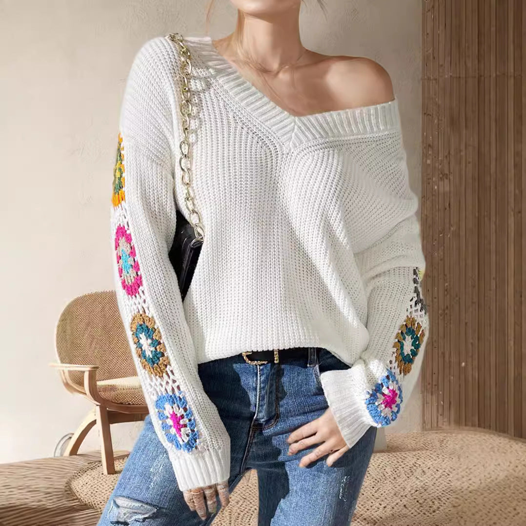 Damen Strickpullover mit verspielten Häkelakzenten und weitem Schnitt EB