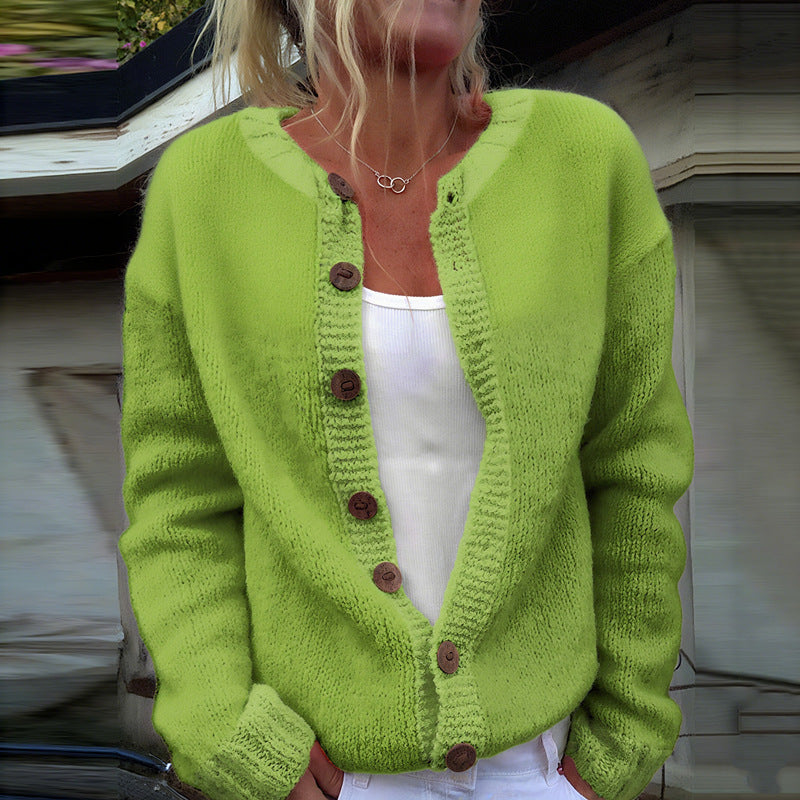 Damen nan kuscheliger Strickcardigan mit Zierholzknöpfen und Rundhalsausschnitt EB