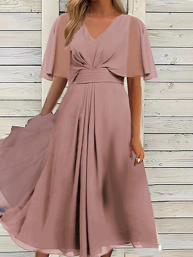 Damen elegantes Maxikleid mit fließenden Ärmeln und V-Ausschnitt R&B