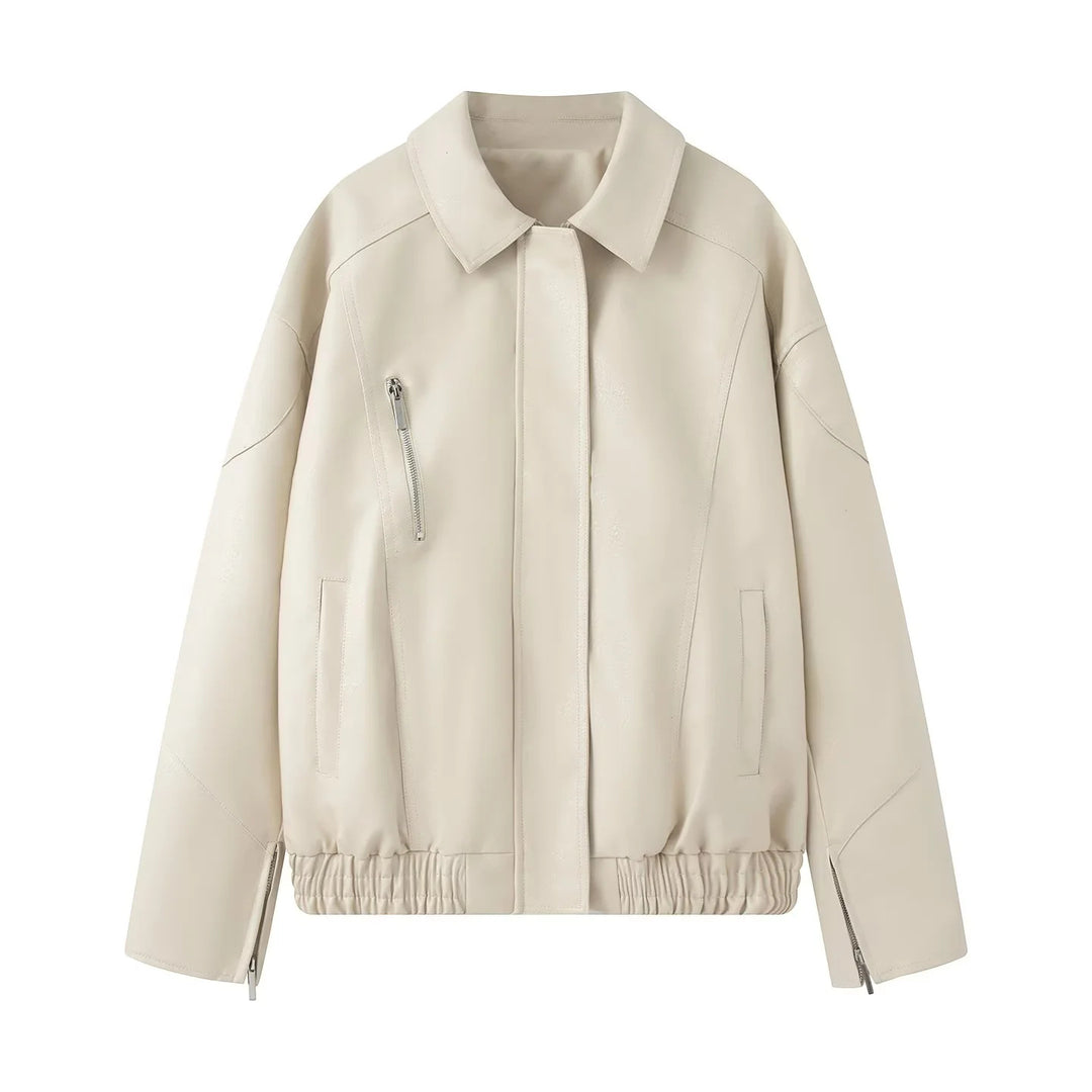 Damen modische Kunstlederjacke mit elastischem Saum und praktischen Taschen EB
