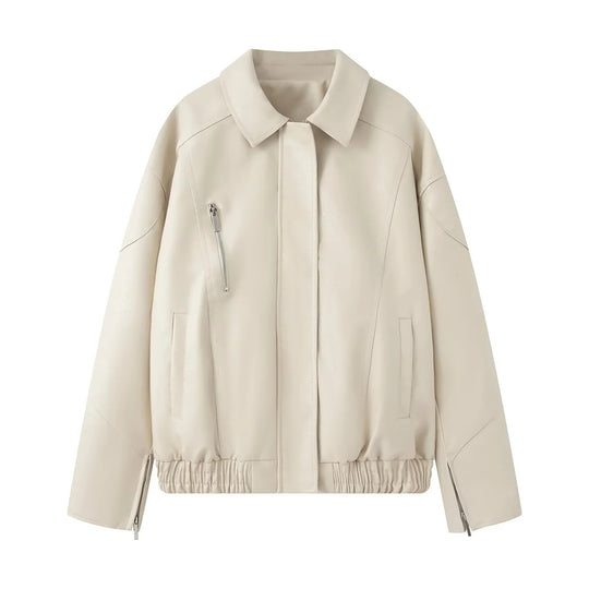 Damen modische Kunstlederjacke mit elastischem Saum und praktischen Taschen EB