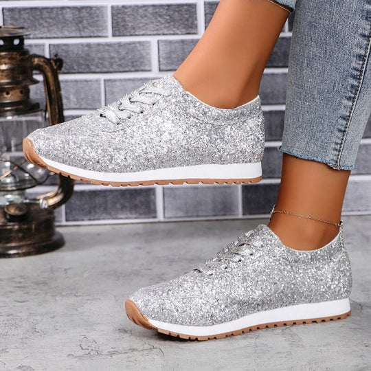 Damen  glitzernde Retro-Laufsneaker mit gepolstertem Memory-Fußbett und rutschfester Profilsohle EB