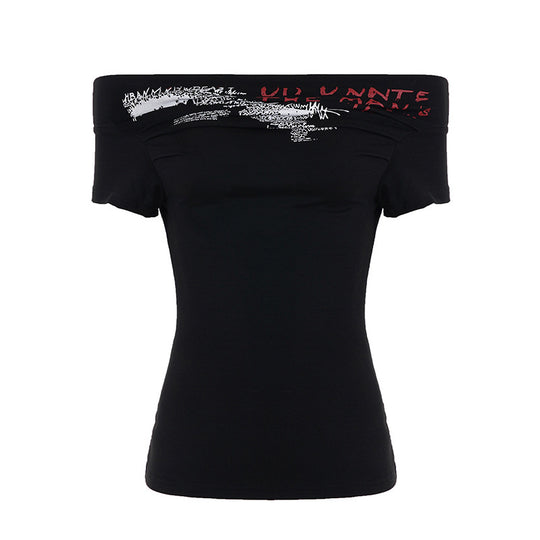 Damen Off-Shoulder T-Shirt mit künstlerischem Druck und figurbetontem Schnitt EB