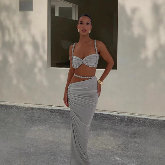 Damen Strandbekleidungs-Set mit geflochtenem Oberteil und elegantem Wickelrock EB