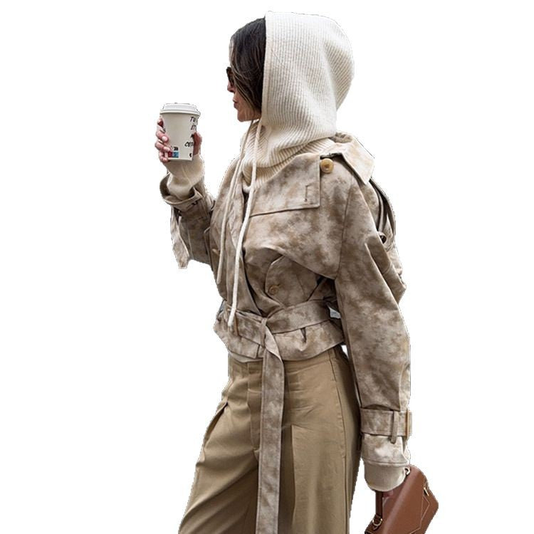 Damen modische Trenchcoat-Jacke mit Gürtel und Kapuze EB