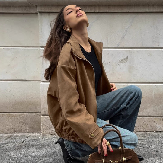 Damen Modische Suede-Bomberjacke mit praktischen Taschen und Reißverschluss EB